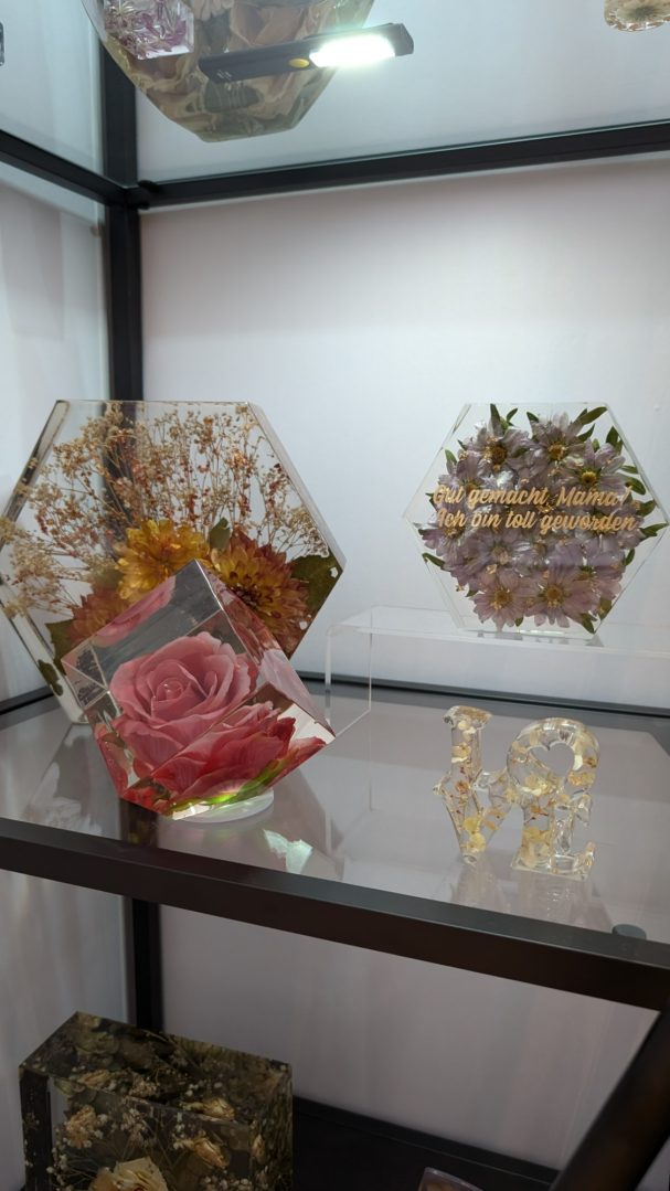 Drei dekorative, gepresste Blumenterrarien in hexagonalen und runden Formen.